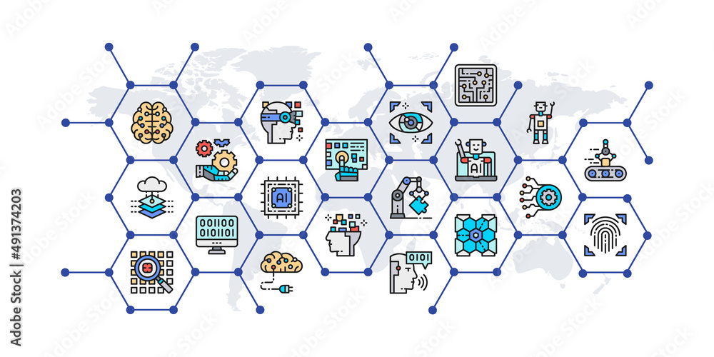 Poster artificial intelligence presentation banner with colored icons. robotics, chatbot, database, big dat