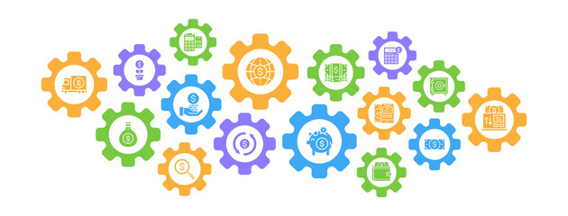 Money and Banking vector banner design concept. Credit Card, Currency Exchange, Atm, Terminal flat style illustration with thin line icons.