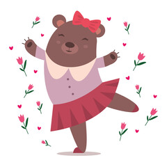 Dancing bear with tulip on white background 