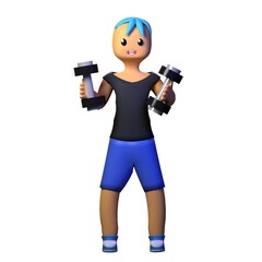 boy workout with black shirt holding two dumbell illustration 3d rendering