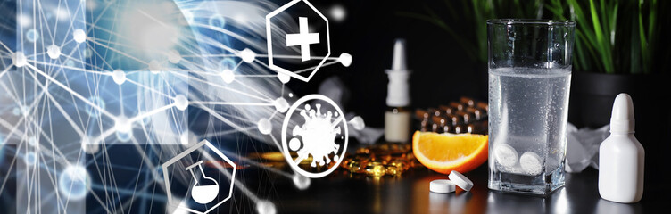 Composition from Bottles of cough syrup.Healthcare, medicine, flu and treatment concept - paper...