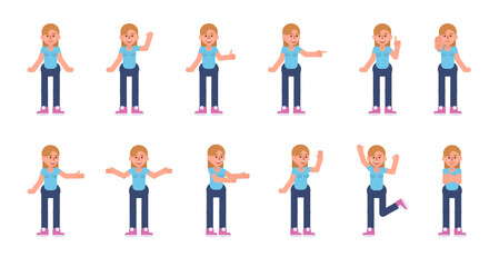 Set of woman characters showing various hand gestures. Cheerful girl showing thumb up, greeting, victory sign and other gestures. Modern vector illustration