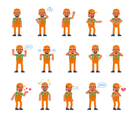 Set of auto mechanic, worker or courier characters showing various emotions. Modern vector illustration