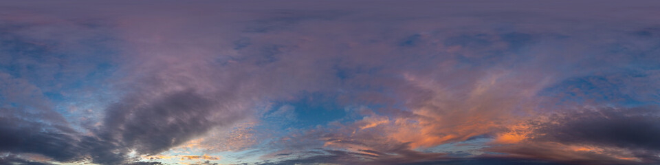 Dark blue sunset sky panorama with pink Cumulus clouds. Seamless hdr 360 panorama in spherical equirectangular format. Full zenith for 3D visualization, sky replacement for aerial drone panoramas.