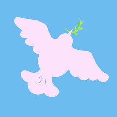 オリーブの枝をくわえて飛ぶ愛と平和のピンク色の鳥