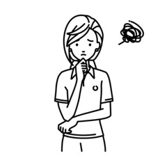 立って手をあごにあてて困っているポロシャツの女性