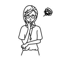 立って手をあごにあてて困っている教師の女性