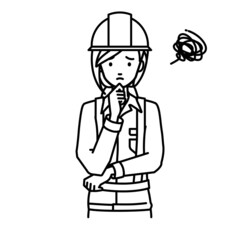 立って手をあごにあてて困っている工事現場の女性