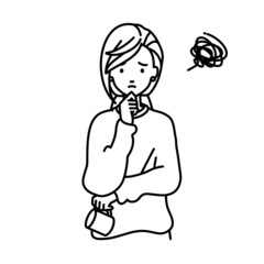 立って手をあごにあてて困っているリモートワークの女性