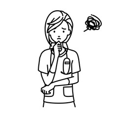 立って手をあごにあてて困っている看護師の女性