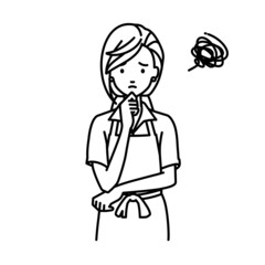 立って手をあごにあてて困っている店員の女性