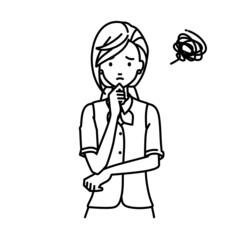 立って手をあごにあてて困っている事務員制服の女性