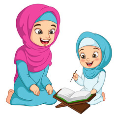 Muslim woman teaching his daughter read Quran