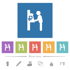 Ruble cash machine flat white icons in square backgrounds