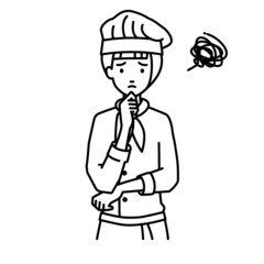 立って手をあごにあてて困っている調理師の女性