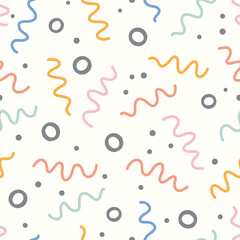 Abstract background pattern. Vector seamless repeat of doodle squiggles and dots. Design element.