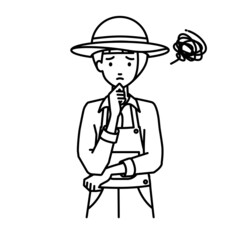 立って手をあごにあてて困っている農家の女性