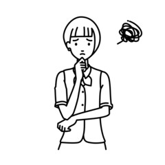 立って手をあごにあてて困っている事務員制服の女性