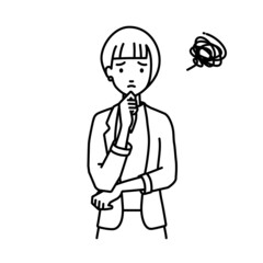 立って手をあごにあてて困っているジャケットの女性