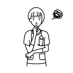立って手をあごにあてて困っている看護師の女性