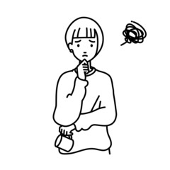 立って手をあごにあてて困っているリモートワークの女性