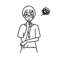 立って手をあごにあてて困っている教師の女性