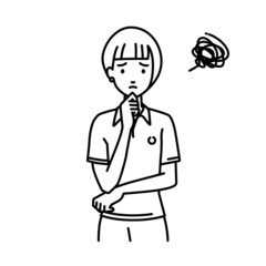 立って手をあごにあてて困っているポロシャツの女性