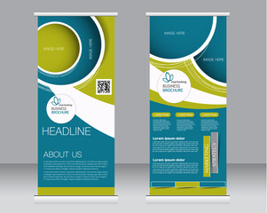Roll up banner stand template. Abstract background for design,  business, education, advertisement.  Green and blue color. Vector  illustration.