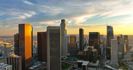 Fototapeta premium Los angeles aerial view, flying with drone. Los Angeles downtown. California theme with LA background. Los Angels city center.