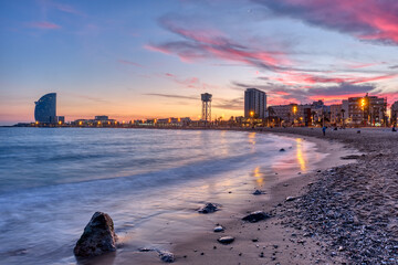 The beach of Barcelona in Spain during a beautiful sunset