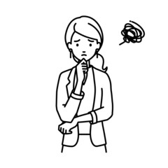 立って手をあごにあてて困っているジャケットの女性