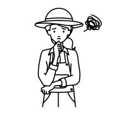 立って手をあごにあてて困っている農家の女性