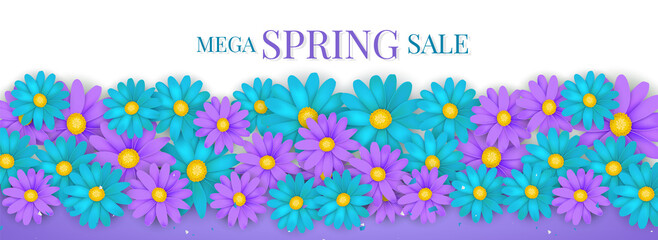 Spring sale banner or newsletter header. Blue and purple realistic daisy or gerbera flowers. Floral promo design. Vector illustration.