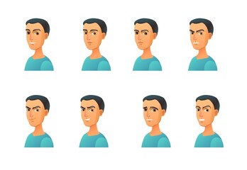 Young guy set of emotions. Different tempers. Boy man face. Black hair. Comic fun person. Cute cartoon style. Isolated on white background. Vector