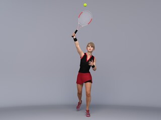 3D Render : Full body portrait of female tennis player is performing and acting in training session
