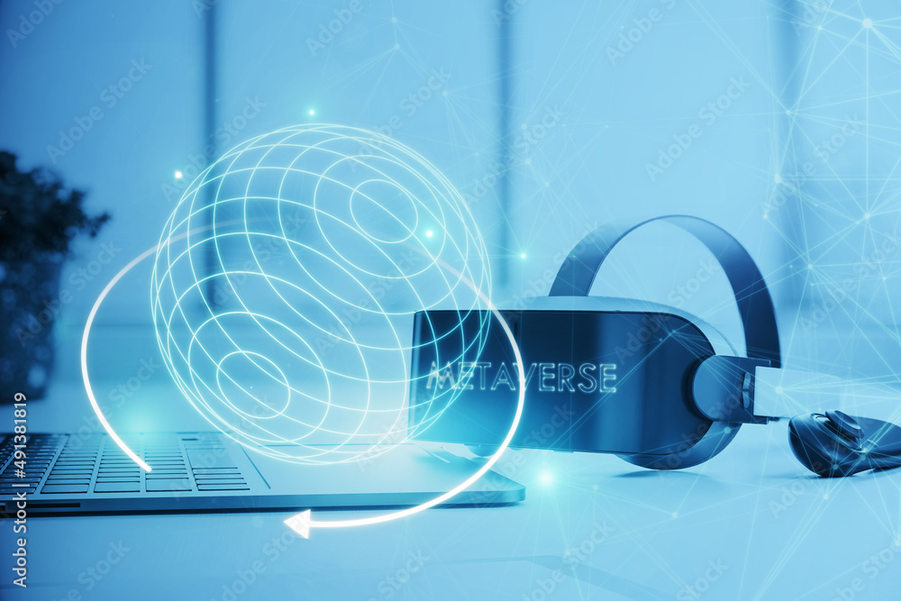 Poster close up of vr glasses on desktop with abstract creative metaverse hologram. future, gadget and meta