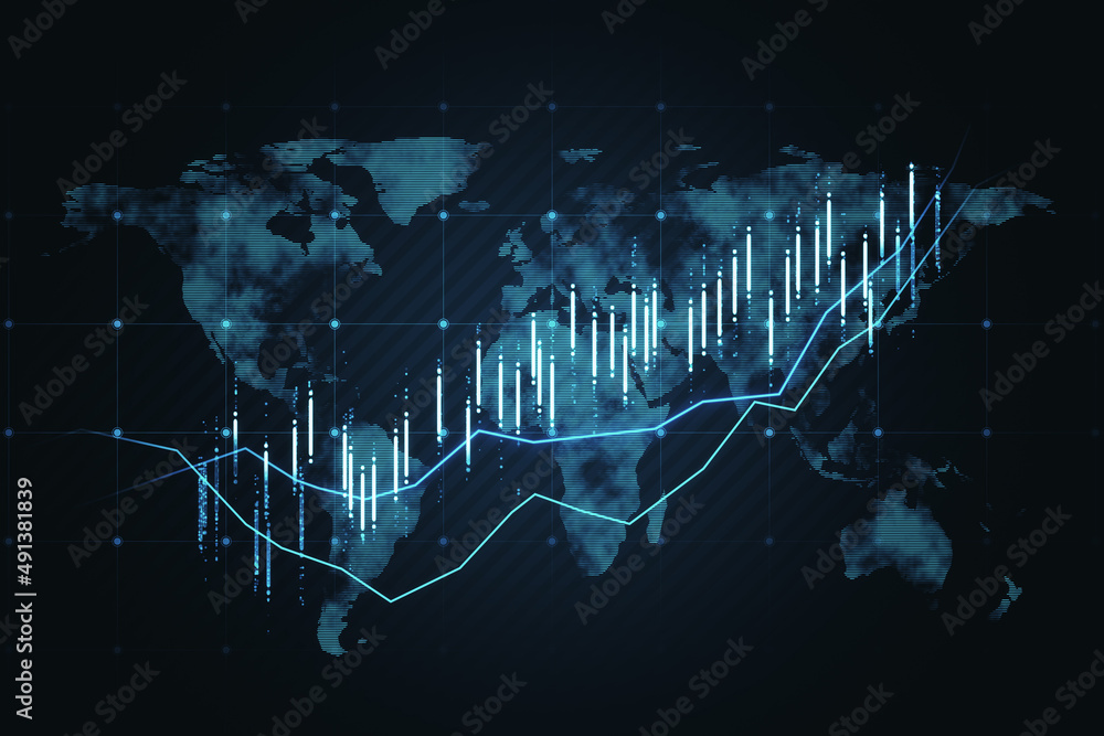 Poster glowing map and forex chart hologram on dark background. trade, finance and stock concept. 3d render