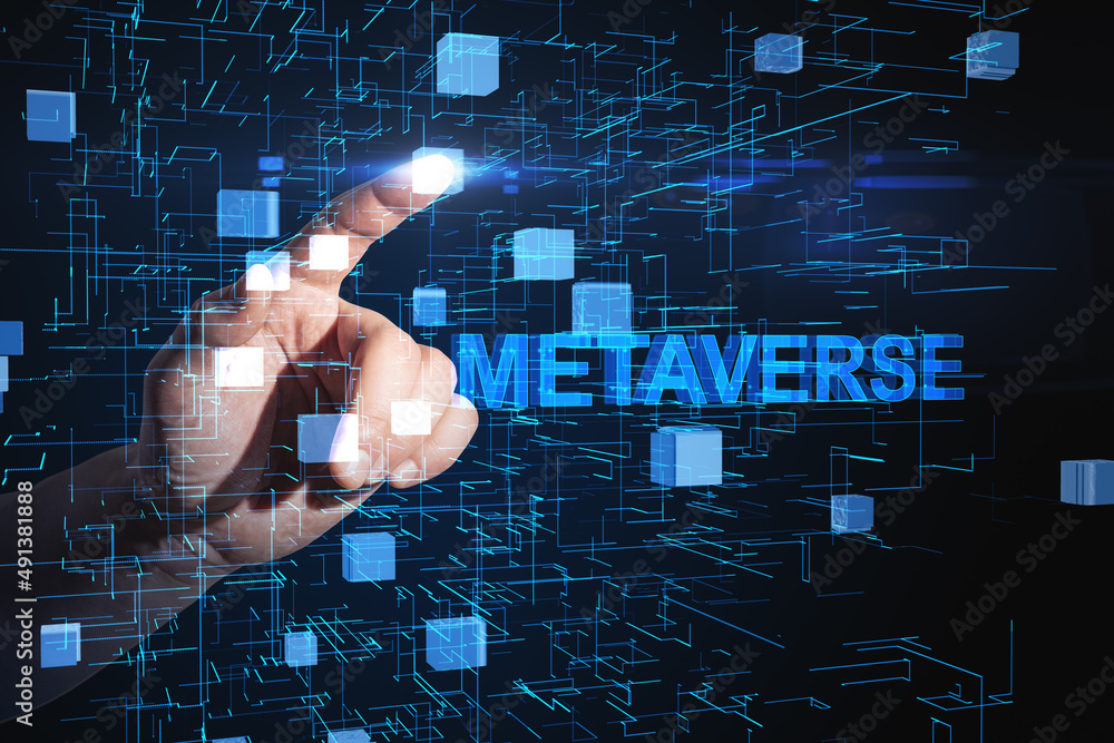 Poster close up of hand pointing at abstract glowing blue metaverse background. game, connection and ai con