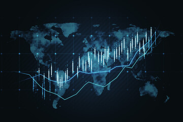 Glowing map and forex chart hologram on dark background. Trade, finance and stock concept. 3D...