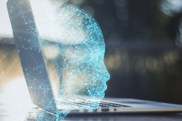 Close up of laptop with abstract polygonal head outline on blurry outdoor background with mock up...