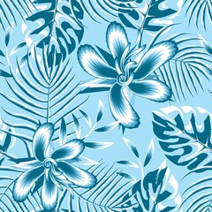 blue monochromatic Exotic jungle plants illustration seamless pattern with abstract hibiscus flowers and monstera palm leaves on sky blue background. Floral background. Summer design. prints texture