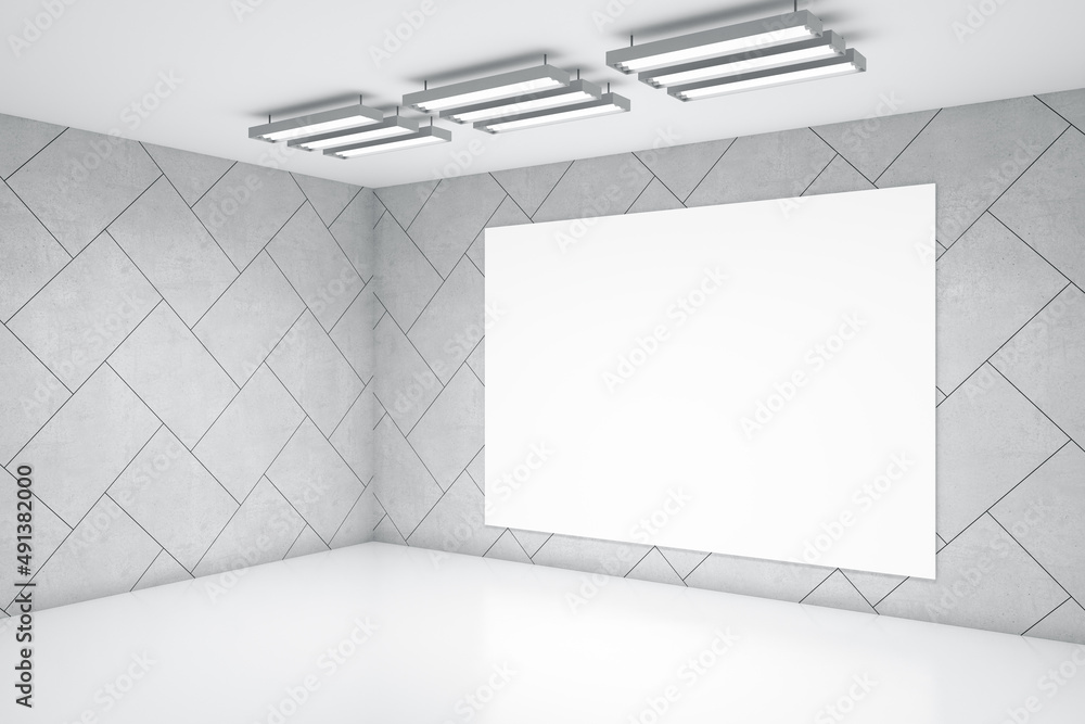 Poster abstract white grunge concrete interior with light and mock up banner on wall. 3d rendering.