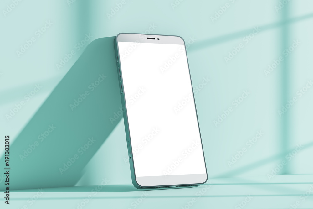 Poster abstract empty white phone with mock up screen leaning on blue wall with sunlight and window shadows