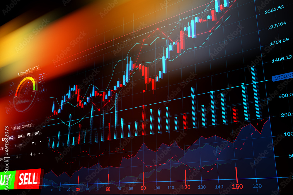 Poster creative glowing candlestick forex chart on dark texture. finance growth and trade concept. 3d rende