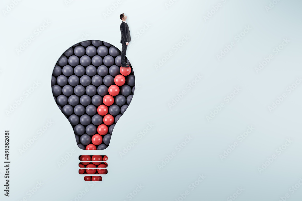 Poster male standing on abstract pattern light bulb on light background with mock up place. idea, growth an