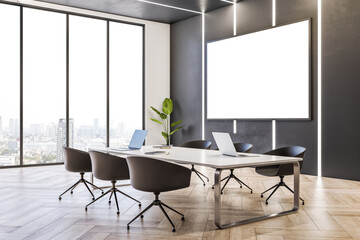 Modern wooden conference room interior with empty white mock up poster, furniture and window with window and city view. Design and workplace concept. 3D Rendering.