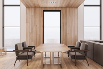 Clean wooden living room interior with window and panoramic city view, comfortable couch and dining table with chairs. Luxury design concept. 3D Rendering.