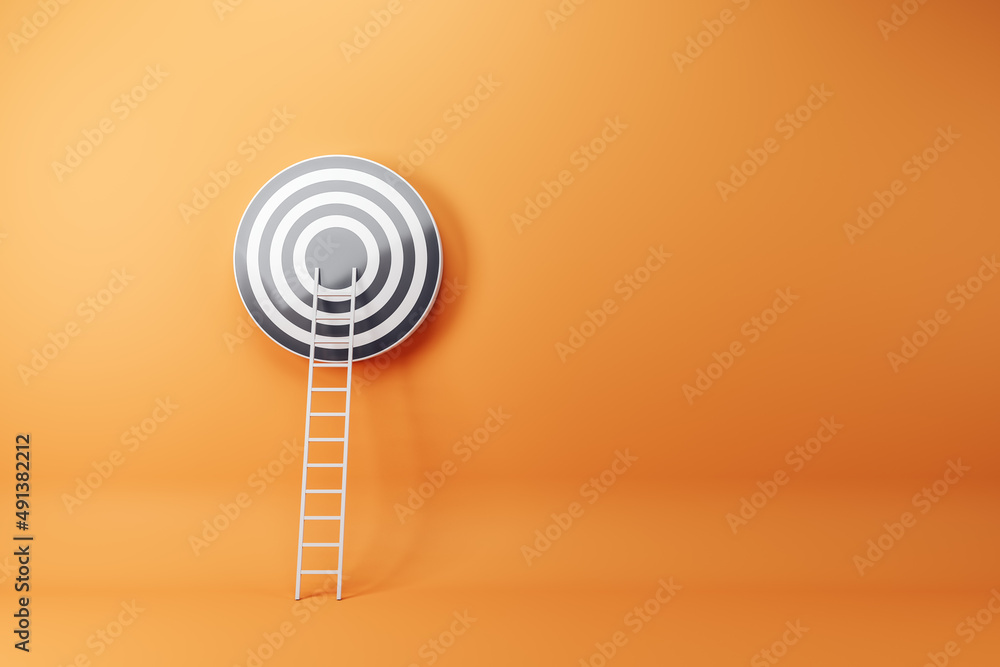 Poster abstract ladder leading to bulls eye target on orange wall background with mock up place. targeting,