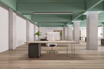 Modern concrete office interior with wooden flooring, panoramic city view, desktop with computer and daylight. 3D Rendering.
