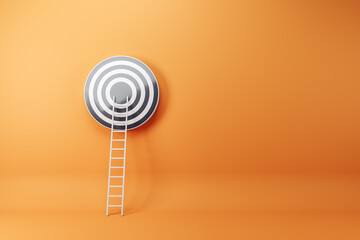 Abstract ladder leading to bulls eye target on orange wall background with mock up place....